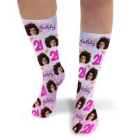 Birthday & Add Their Age Pink Personalised Photo Socks 